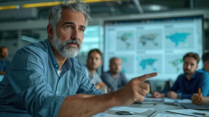 Tech Strategy: CTO, in a sleek tech office, collaborates with developers, scrutinizing lines of code on a large screen and discussing ways to enhance the system.
