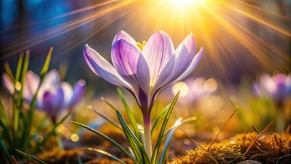 Morning sunlight dancing through the transparent petals of a crocus bloom in a bright and airy...