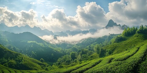 Fototapeta premium Beautiful tea garden landscape in Guangxi Province with fluffy white clouds