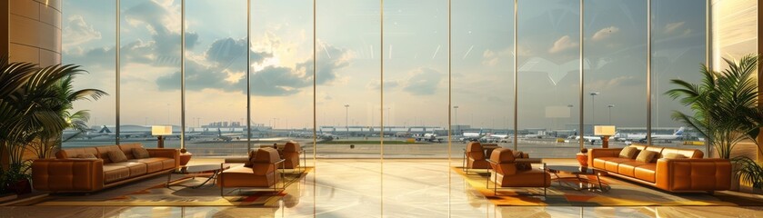 Fototapeta premium Luxurious VIP lounge at the airport offers comfortable seating and top-tier amenities for a premium travel experience.