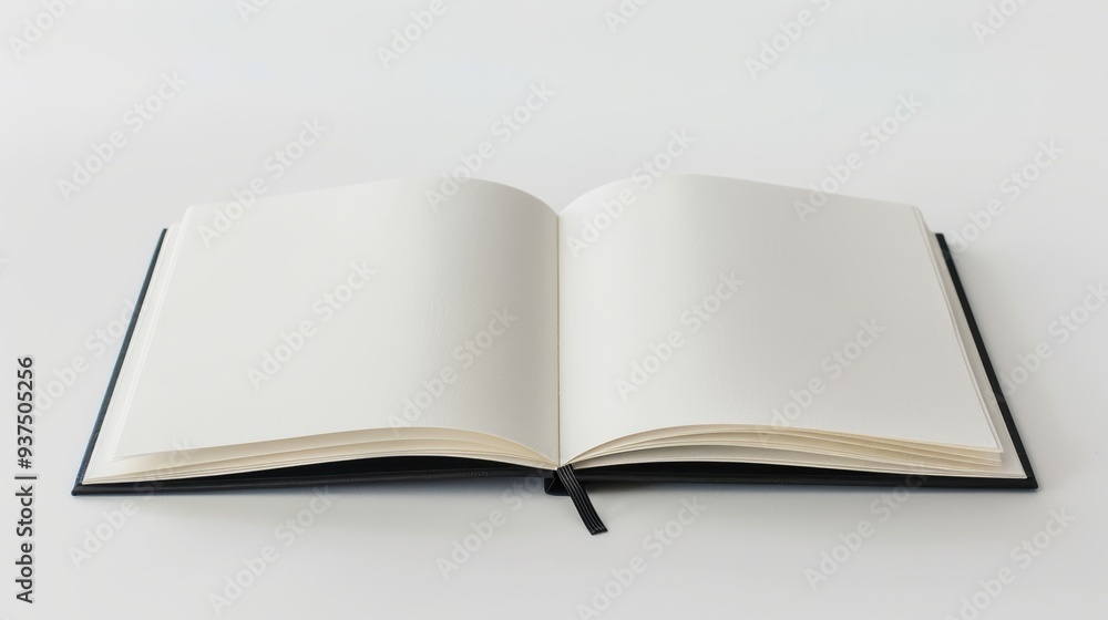 Poster open notebook lying on a white table with blank pages
