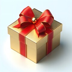 Gold Gift Box with Red Ribbon - Isolated on White Background