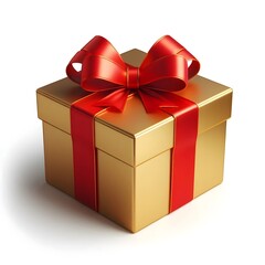 Gold Gift Box with Red Ribbon - Isolated on White Background