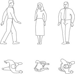 Vector sketch illustration of a silhouette design of a collection of human activities seen from the front and above
