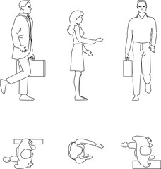Vector sketch illustration of a silhouette design of a collection of human activities seen from the front and above