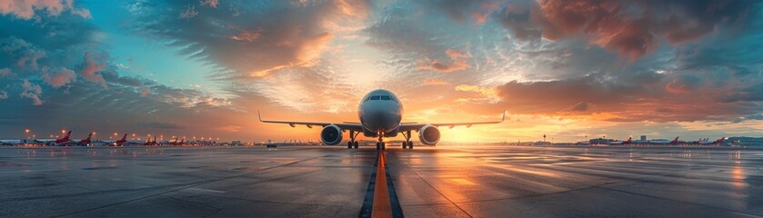 Airport runway captured in a wide-angle shot, featuring planes and emphasizing the scope of global travel.