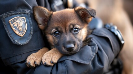 Puppy curled up on a police officer s lap, showcasing the bond between K9s and their handlers, puppy companionship, K9 loyalty