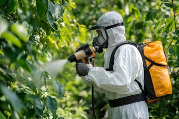 Fototapeta premium Person in protective gear spraying plants in a green environment.