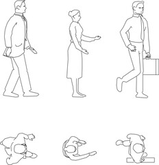 Vector sketch illustration of a silhouette design of a collection of human activities seen from the front and above