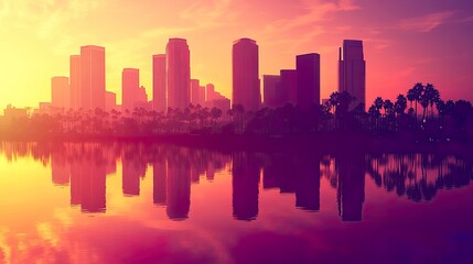 Fototapeta premium A vibrant city skyline reflected in water at sunset.