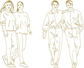 Vector sketch illustration of a silhouette design of a couple of best friends walking casually