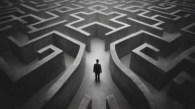 Lost in the Maze - A lone figure stands at a crossroads in a vast, foreboding maze, symbolizing confusion and decision-making.