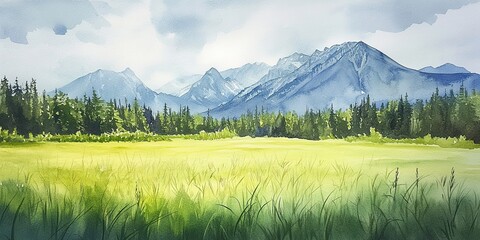 Fototapeta premium A watercolor painting of a green field with majestic mountains in the background. Perfect for nature lovers and landscape enthusiasts 