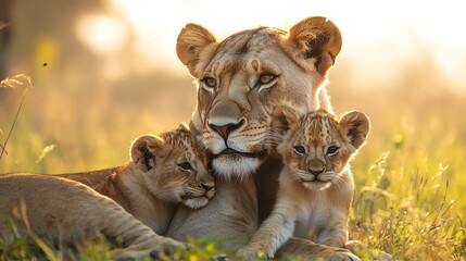 Purebred lioness nursing her cubs in the wild, showcasing her dual nature as a fierce beast and caring mother, wild majesty, nursing care