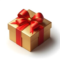 Gold Gift Box with Red Ribbon - Isolated on White Background
