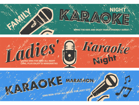 Banners inviting to a karaoke evening event with songs for the whole family and special margarita cocktails in a lively atmosphere