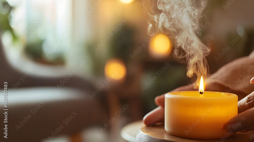 Poster a tranquil and serene image depicting a person enjoying an aromatherapy session with diffused essent