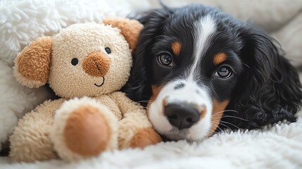 Spaniel pup cuddled up next to a familiar stuffed animal in its bed, cozy companionship, familiar security