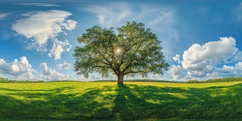 Obraz premium Big tree on green field and blue sky with clouds, summer landscape