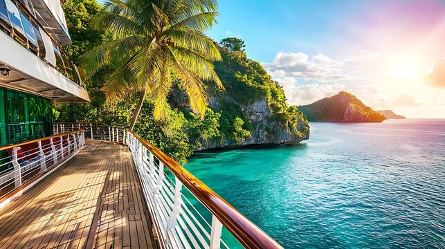 Tropical cruise ship deck with ocean view and lush palm trees, creating a serene and luxurious escape in a paradisiacal setting.