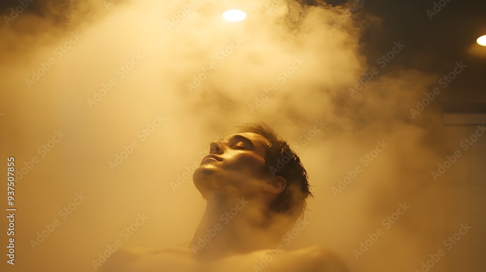 Poster a tranquil and serene photograph of a person relaxing in a cozy sauna surrounded by soothing steam c