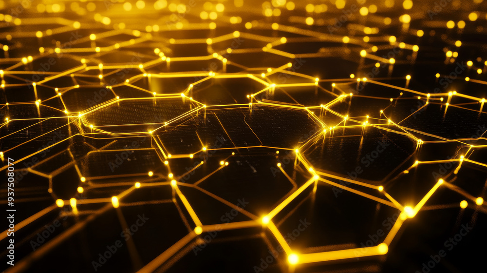 Poster abstract network linkage. structure of large data sets. digital backdrop. yellow hexagonal grid. 3d 