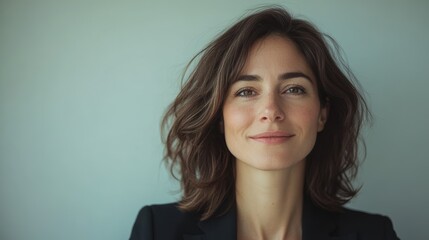 Obraz premium A confident woman with wavy brown hair in a gray blazer stands against a muted teal background, embodying modern professionalism and strength.