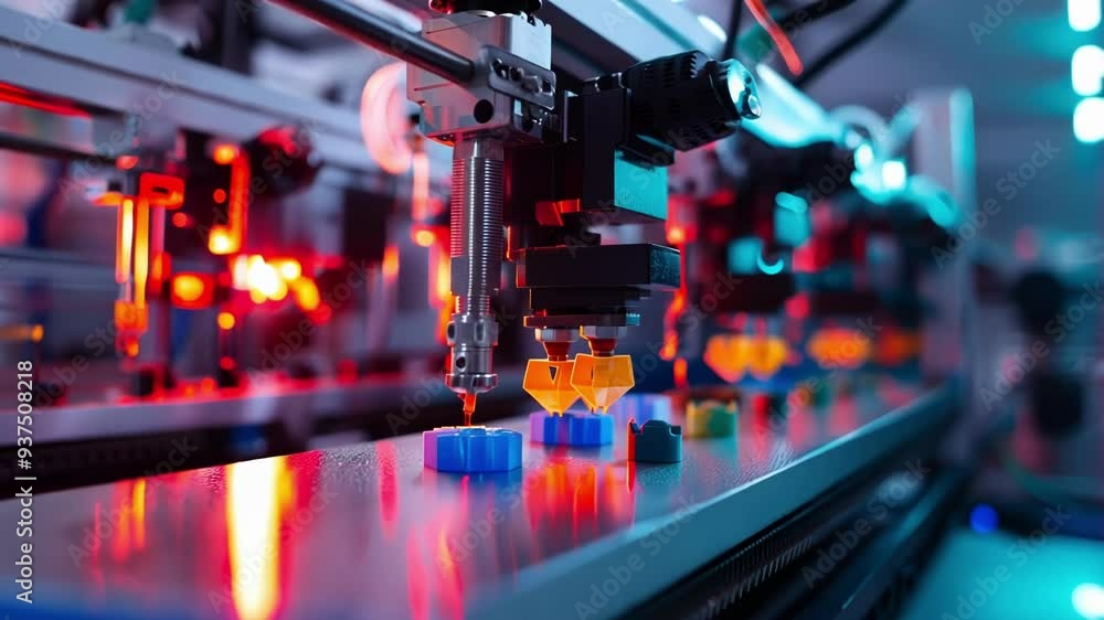 Poster modern factory with an automated production line assembling electronic components on a pcb with a ro