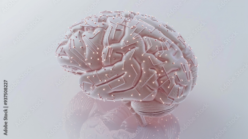 Poster a 3d rendering of a brain with integrated ai components, symbolizing the convergence of human and ar