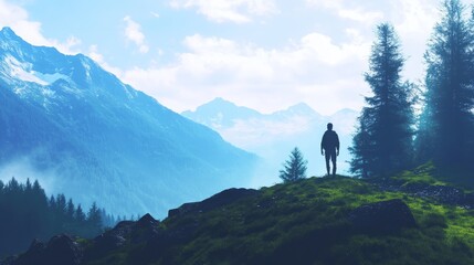 A lone figure stands on a mountain ridge, overlooking a valley and majestic snow-capped peaks. The sky is a vibrant blue, with fluffy white clouds.