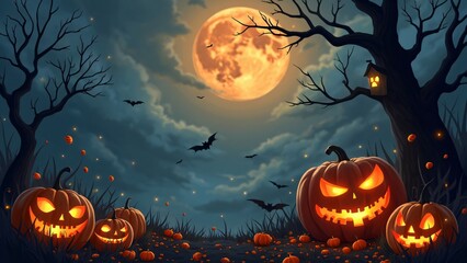 Horror halloween background with pumpkin and bats