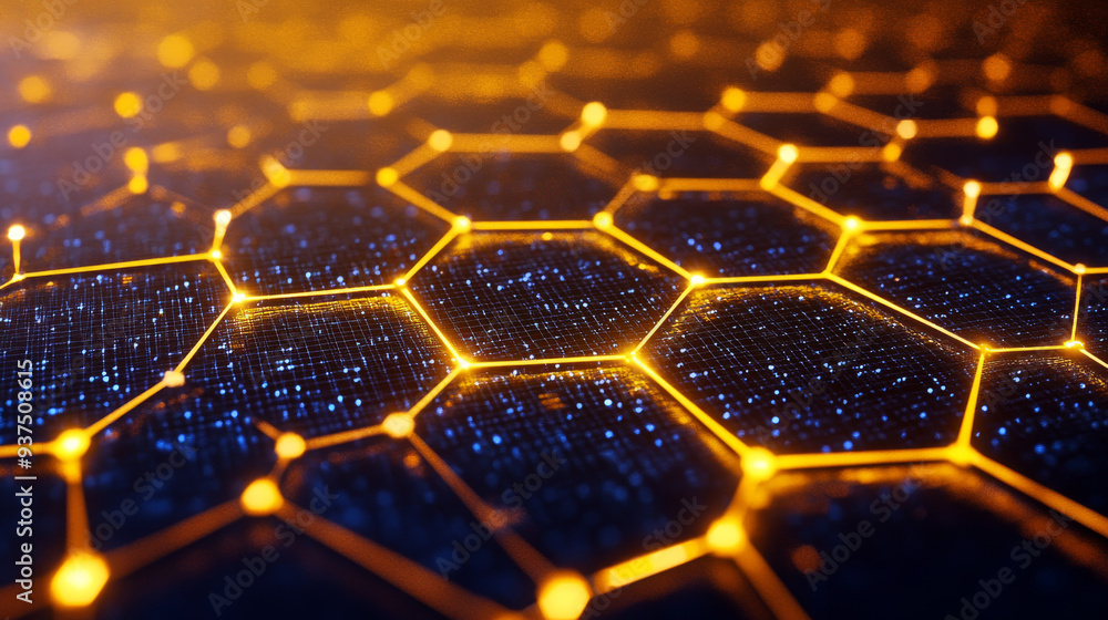Poster abstract network linkage. structure of large data sets. digital backdrop. yellow hexagonal grid. 3d 