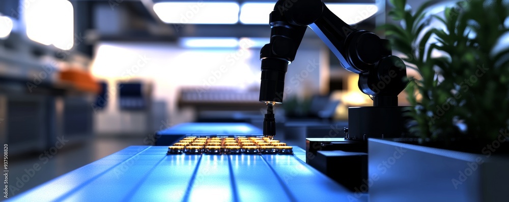 Poster a robotic arm in a factory setting.