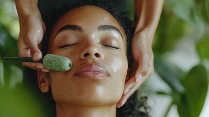 Jade Roller Facial Therapy for Relaxation and Skin Rejuvenation  Professional therapist applies jade roller on client s face promoting a soothing and revitalizing skincare experience