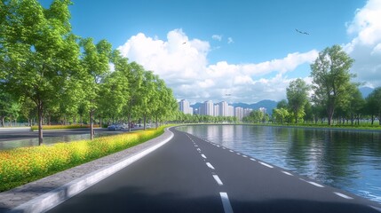 Fototapeta premium A scenic road lined with trees and a lake, leading towards a distant cityscape. The sky is bright blue with fluffy white clouds.