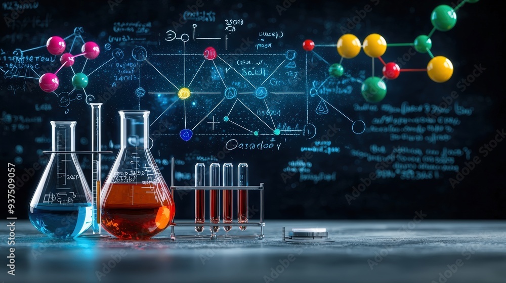 Poster science symbols and doodles in a seamless pattern on a blackboard featuring lab tools and mathematic