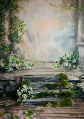 Obraz premium Stone Steps with Green Vines and Flowers Background