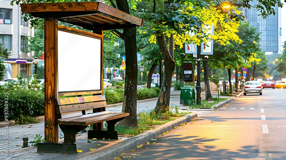 Wall mural Blank Advertisement Billboard with Wooden Bench and Trees