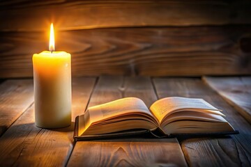 candle burning next to open book. Doing magic spell