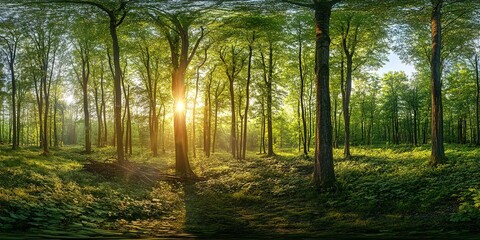 Obraz premium Green forest landscape panorama with trees and sun light going through leaves
