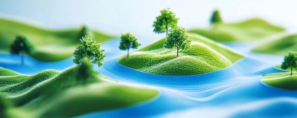 A winding river flows through a lush, green landscape with small trees and rolling hills.