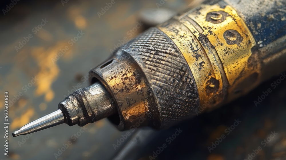 Poster close-up of a worn drill bit and chuck