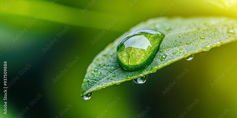 Poster an extreme close-up of a dewdrop on a leaf, capturing the tiny reflections within the drop