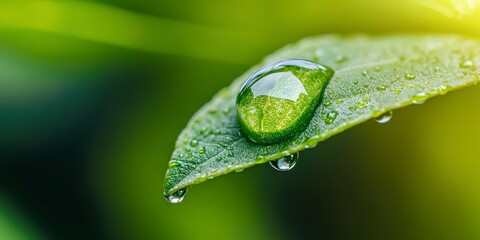 An extreme close-up of a dewdrop on a leaf, capturing the tiny reflections within the drop 