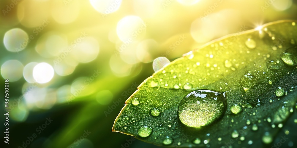Poster high-resolution macro close-up of a dewdrop on a leaf, showcasing crystal clear details and providin