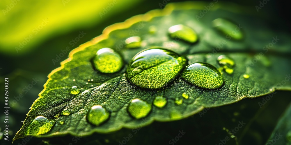 Poster high-resolution macro close-up of a dewdrop on a leaf, showcasing crystal clear details and providin