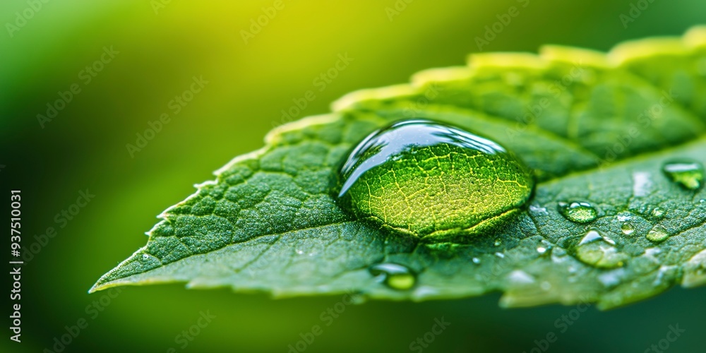 Poster high-resolution macro close-up of a dewdrop on a leaf, showcasing crystal clear details and providin