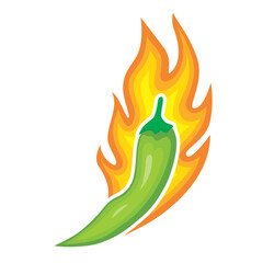 Bright green chillies, showcasing their pungent flavour through the visual metaphor of fire, create a striking visual contrast against a plain background.