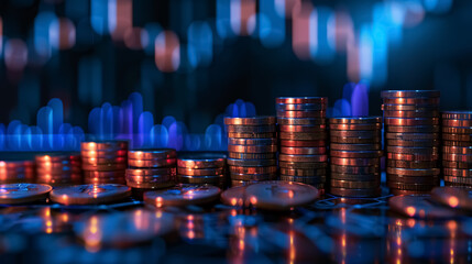 Graph and rows of coins for finance and business, stock market chart growth, abstract and symbol