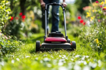 Fototapeta premium Lawn care. Mowing and caring for the grass with a lawn mower in a bright and colorful garden